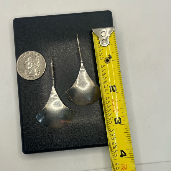 Fan shield long artisan sterling silver dangle vintage earrings modernist style - Picture 5 of 14